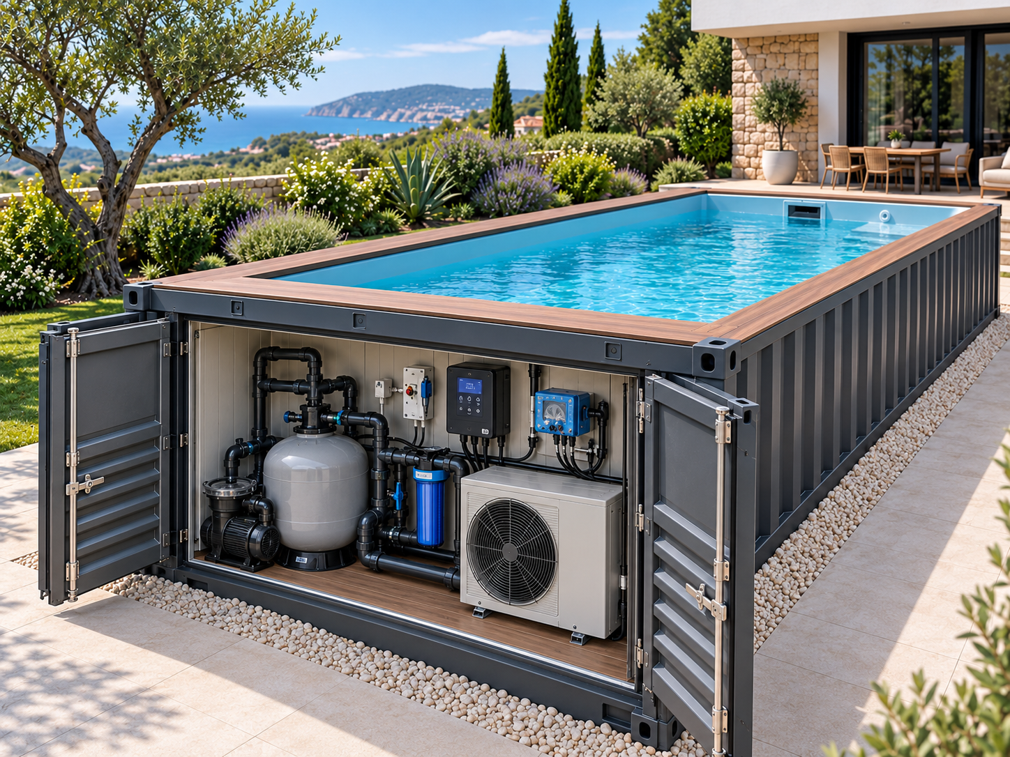 Piscina contenedor todo en uno: Sal + pH + Calefacción + Domótica WiFi - miniatura 2